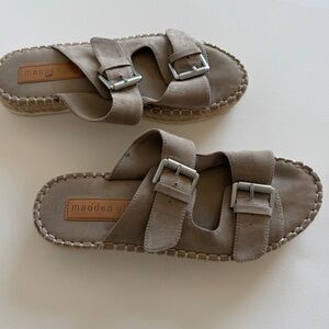 Madden Girl Beige Faux Suede Double Strap Buckle Slide Sandals 8.5